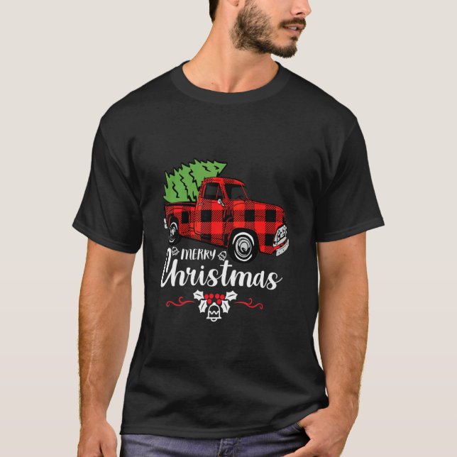 Buffalo-rutig röd lastbil julgran t shirt (Framsida)