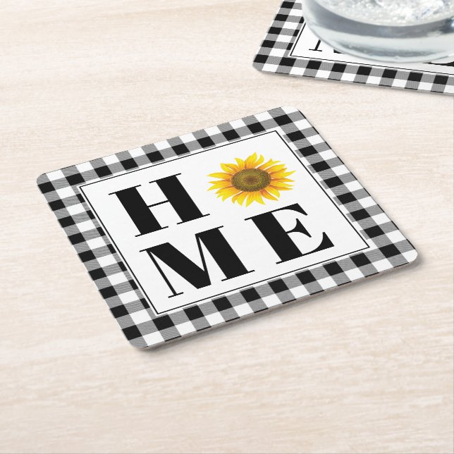 Buffalo-rutig solros "Hem"   Underlägg Papper Kvadrat (Vinklad)