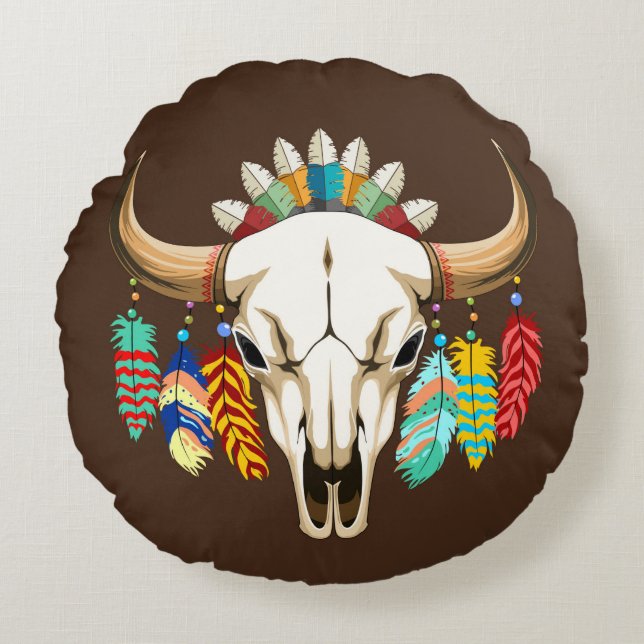 Buffalo skalle Native American emblem Rund Kudde (Framsidan)