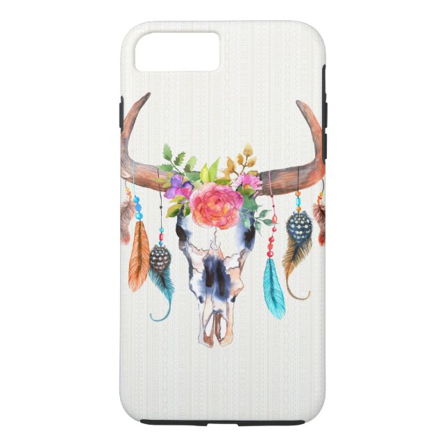 Buffalo Skull med fjäder och blommor Case-Mate iPhone Skal (Baksida)