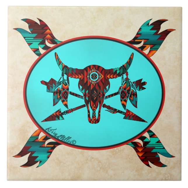 Buffalo Skull och pilar keramiska plattor Kakelplatta (Framsidan)