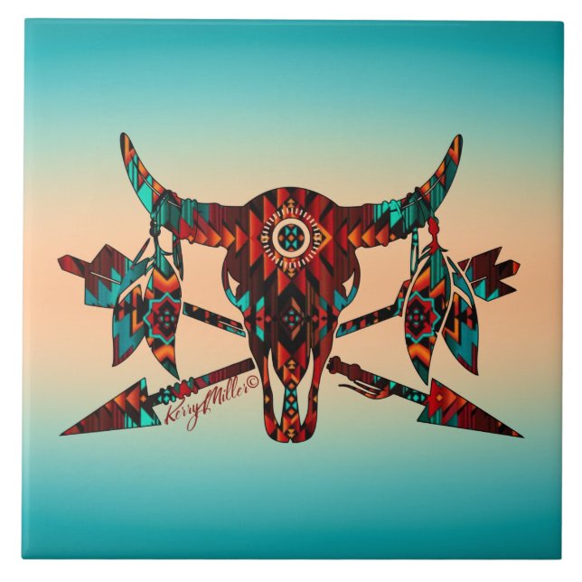 Buffalo Skull och pilar keramiska plattor Kakelplatta (Framsidan)
