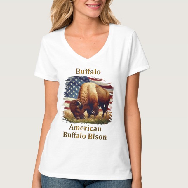 Buffalo Ställföreträdande i Front of American Flag T Shirt (Framsida)