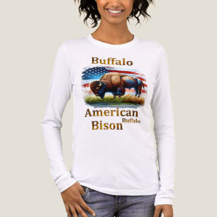 Buffalo står i Grass Fält med amerikansk Flagga T Shirt