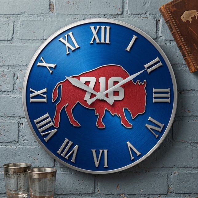 BuffaloNew York 716 Area Code Blue & Red Metal  Stor Klocka (Skapare uppladdad)