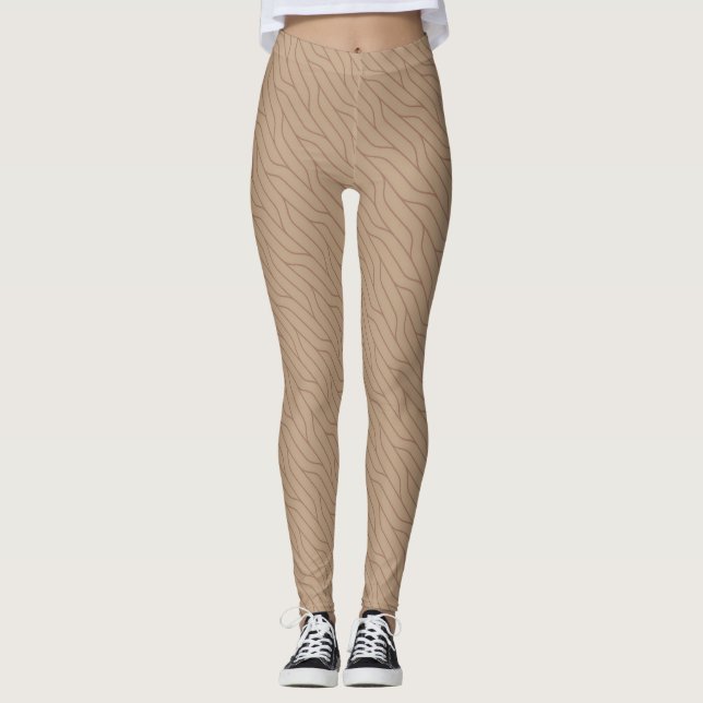 Buffed Beige Mocha Mousse Brown Vågigt Line Mönste Leggings (Framsida)