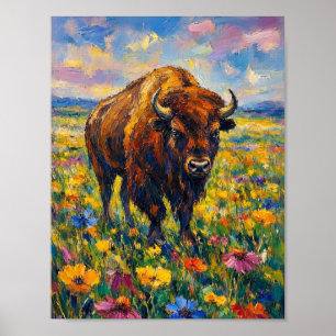 Buffel i vilda blommor fält Abstrakt konst målning Poster