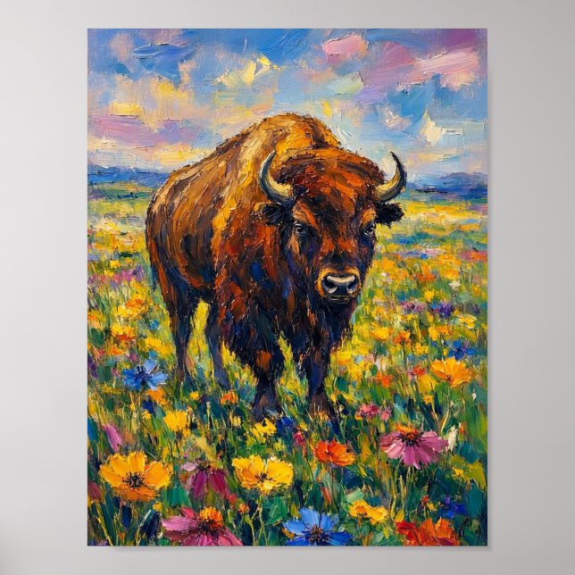 Buffel i vilda blommor fält Abstrakt konst målning Poster (Framsidan)