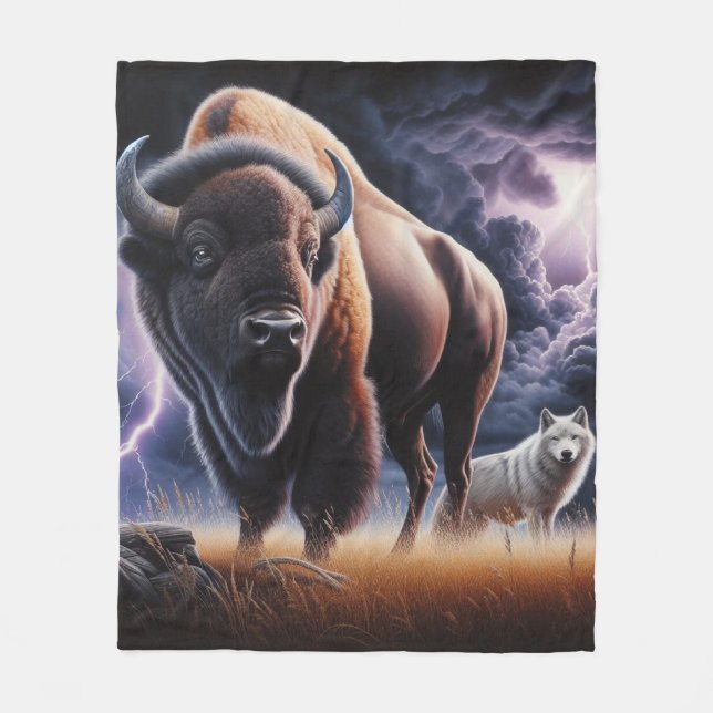 Buffel och varg i åskväder med blixt fleecefilt (Framsidan)