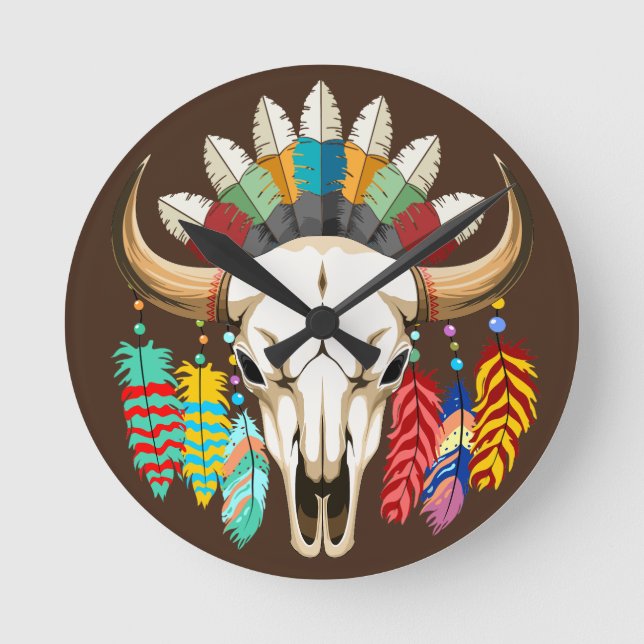 Buffelhuvudskalle Native American-emblem Rund Klocka (Framsida)