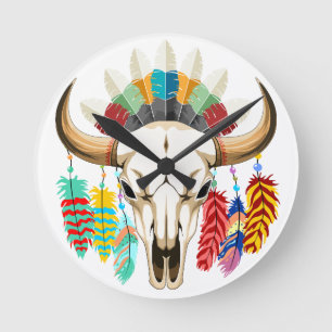 Buffelhuvudskalle Ursprungsamerikansk emblem Rund Klocka