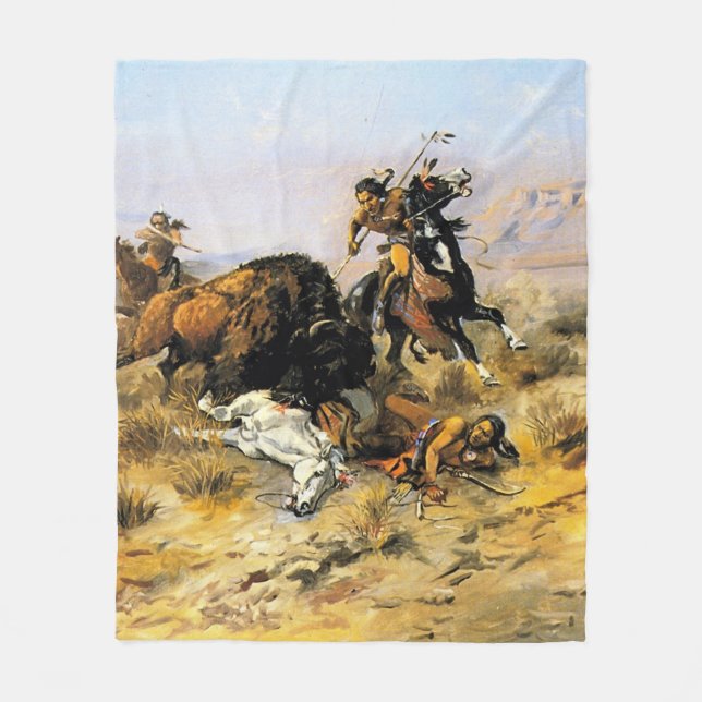 “Buffeljakt” Cowboy-konst av Charles Russell Fleecefilt (Framsidan)