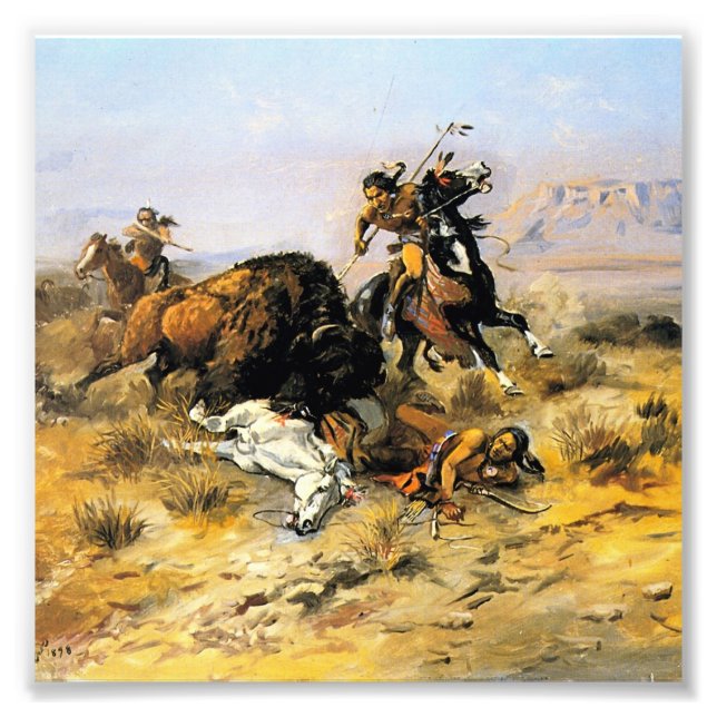“Buffeljakt” Cowboy-konst av Charles Russell Fototryck (Framsidan)