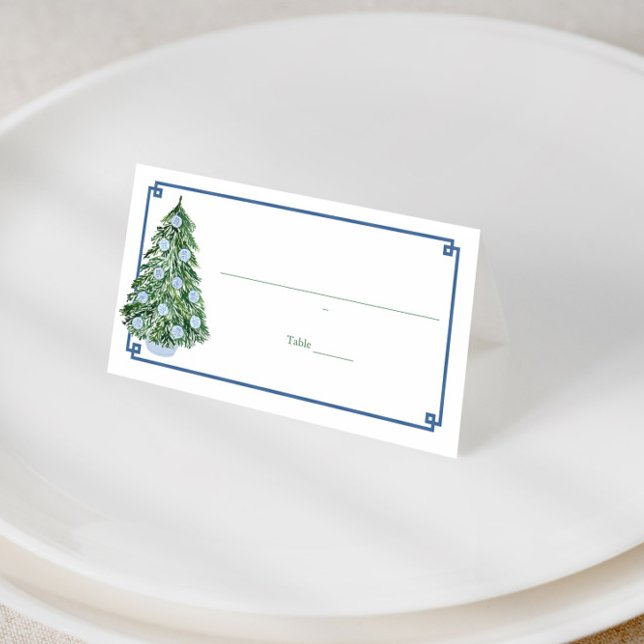 Buffet-kort för kinesiska jul-Party-Tält-livsmedel Placeringskort (Preppy blue and green chinoiserie holidays tree place cards with tartan backer)