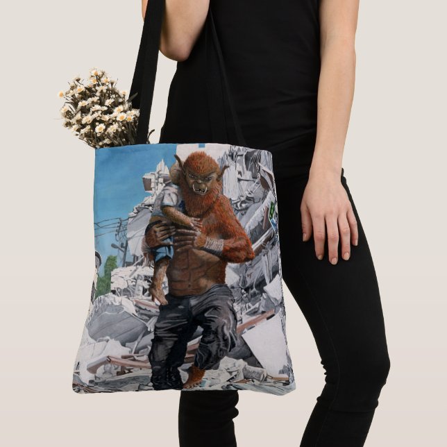 Bugbjörs Hero Rescuing Child Fantasy Graphic Tote Tygkasse (Närbild)