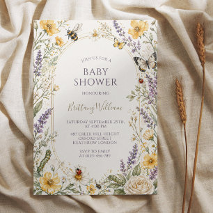 Buggar Fjärilar och Vilda Blommor Baby Shower Inbjudningar