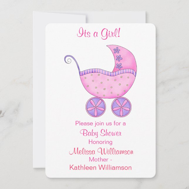 Buggy bär med sig en Rosa babyskor Inbjudningar (Framsida)