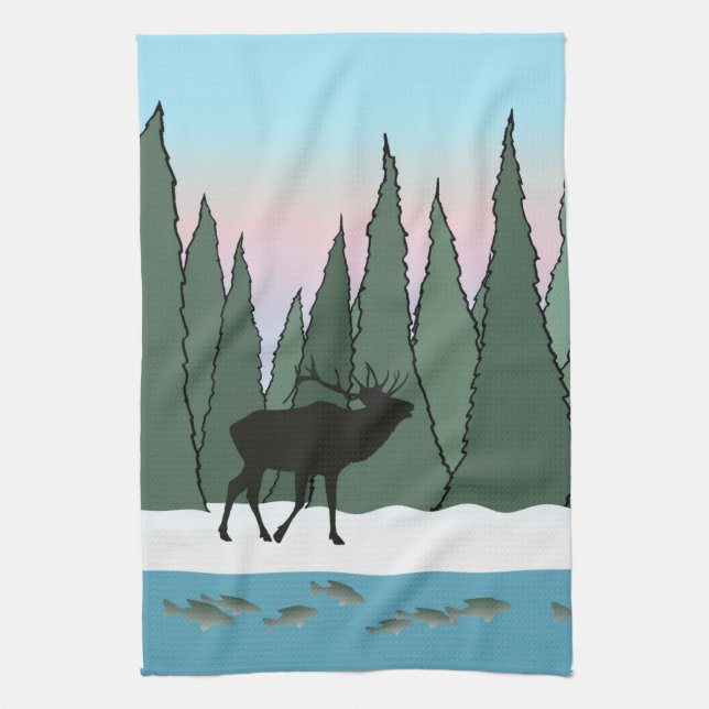 Bugling Bull Elk och Fish Kitchen Towel Kökshandduk (Vertikal)