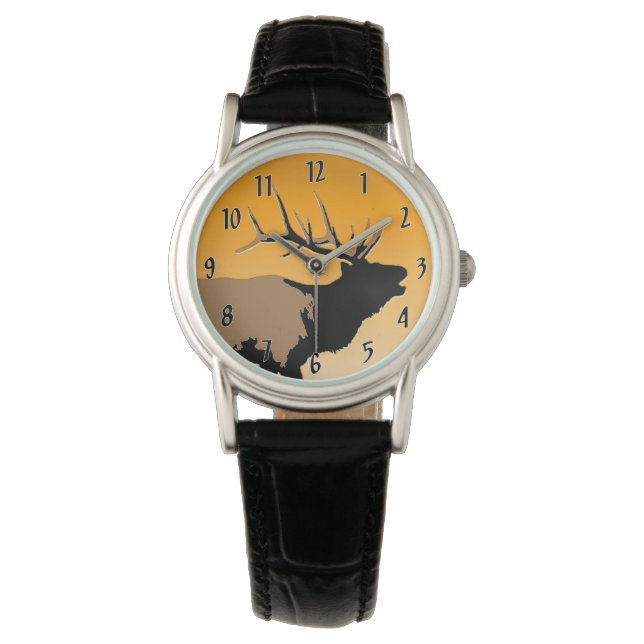 Bugling Bull Elk vid Sunset Original Wildlife Art Armbandsur (Framsida)