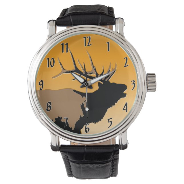 Bugling Bull Elk vid Sunset Original Wildlife Art Armbandsur (Framsida)