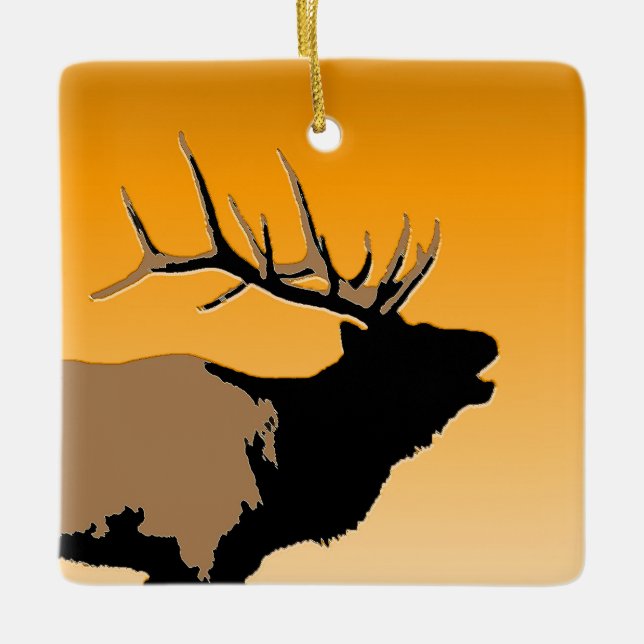 Bugling Bull Elk vid Sunset Original Wildlife Art Julgransprydnad Keramik (Framsida)