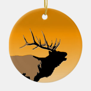 Bugling Bull Elk vid Sunset Original Wildlife Art Julgransprydnad Keramik