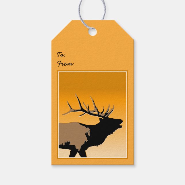 Bugling Bull Elk vid Sunset Original Wildlife Art Presentetikett (Framsidan)