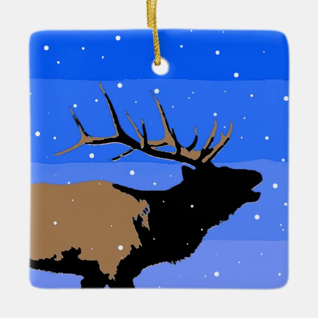Bugling Elk in Winter - Original Wildlife Art Julgransprydnad Keramik (Framsida)