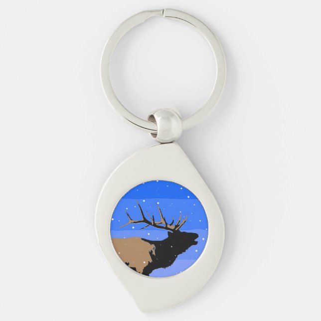 Bugling Elk in Winter - Original Wildlife Art Swirl Silverfärgad Nyckelring (Framsidan)