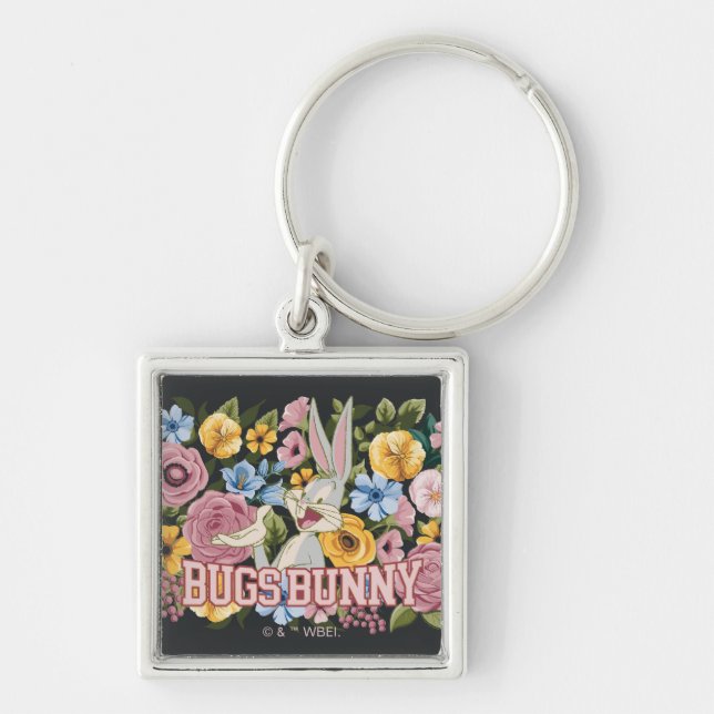 BUGS BUNNY™ Floral Embroidery Graphic Fyrkantig Silverfärgad Nyckelring (Framsidan)