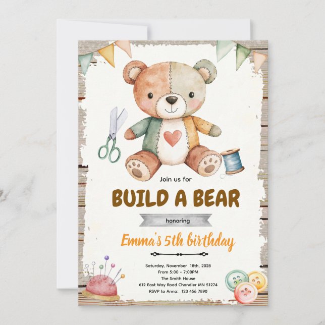 Build-A-Stuffy Birthday party Invitation Inbjudningar (Framsida)