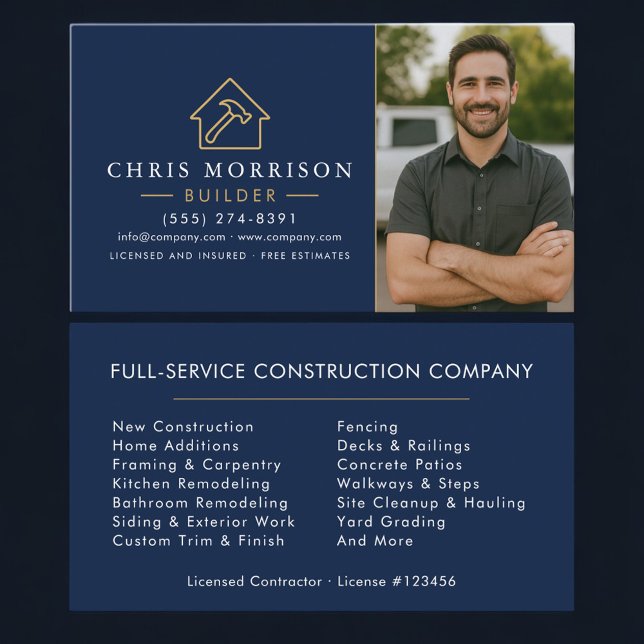Builder Navy Blue Gold Photo Construction  Visitkort (Skapare uppladdad)