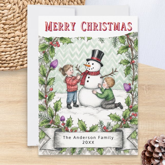 Building a Snowman | Retro Personalized Christmas Julkort (A personalized Christmas card in retro style, with whimsical picture of children building a snowman)