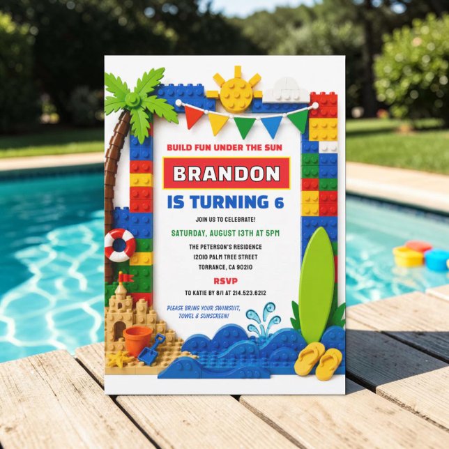 Building Blocks Sommar Pool Party 6-års födelsedag Inbjudningar (Skapare uppladdad)