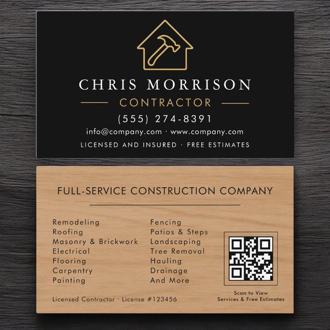 Building Construction Black Gold QR Code Wood  Visitkort (Skapare uppladdad)