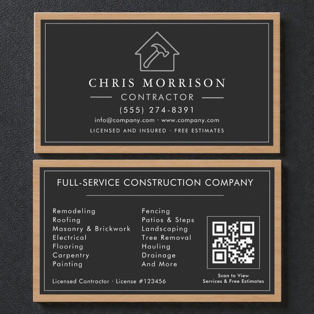 Building Construction Black Silver Wood QR Code Visitkort (Skapare uppladdad)