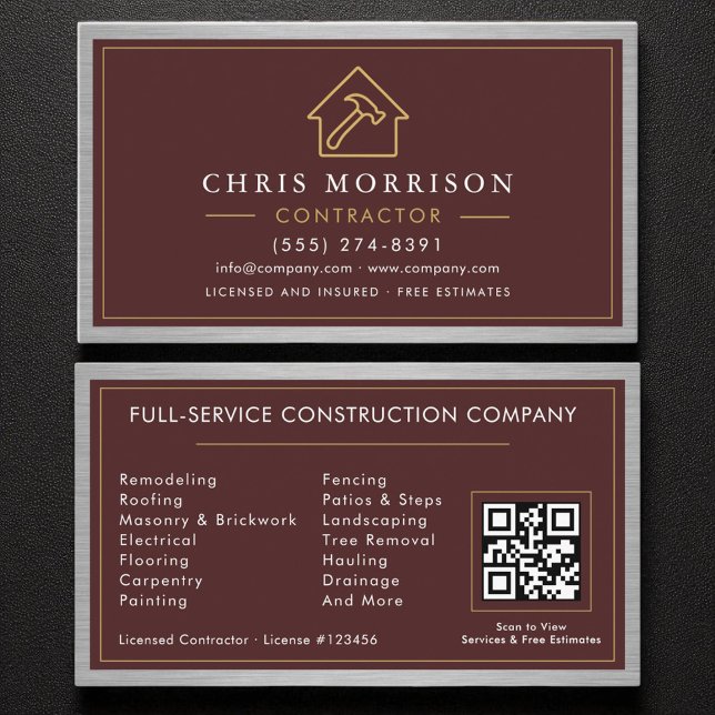 Building Construction Burgundy Faux Metal QR Code Visitkort (Skapare uppladdad)