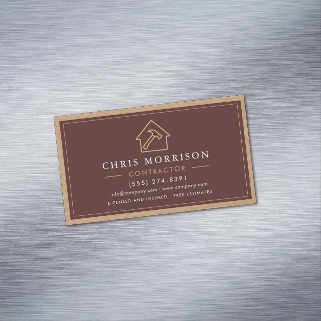 Building Construction Burgundy Gold Wood QR Code Magnetiska Visitkort (In Situ)