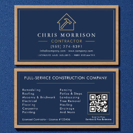 Building Construction Navy Blue Gold Wood QR Code Visitkort