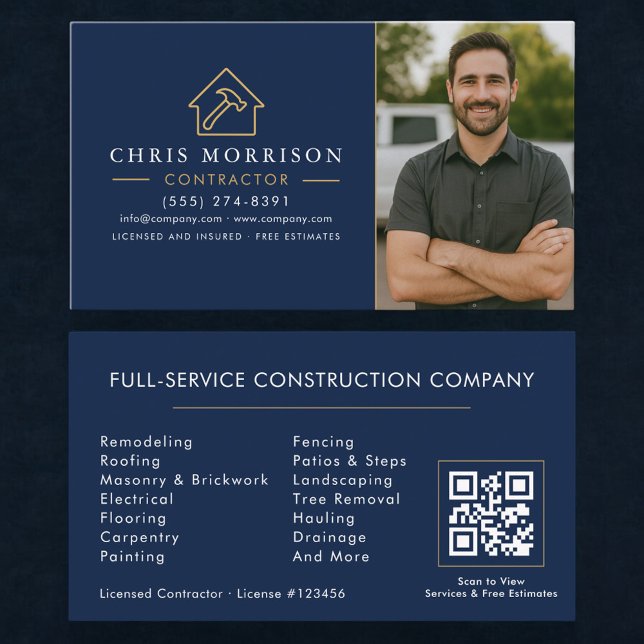Building Construction QR Code Photo Navy Blue Gold Visitkort (Skapare uppladdad)
