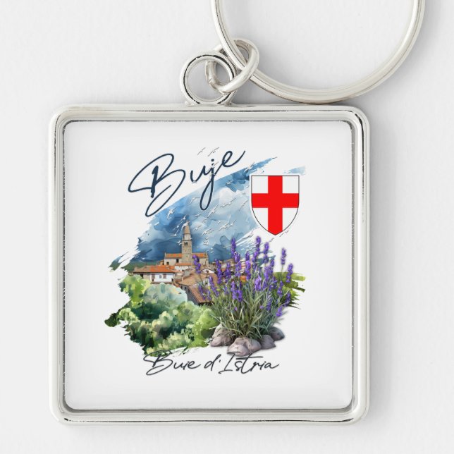 Buje Croatia Fyrkantig Silverfärgad Nyckelring (Framsidan)