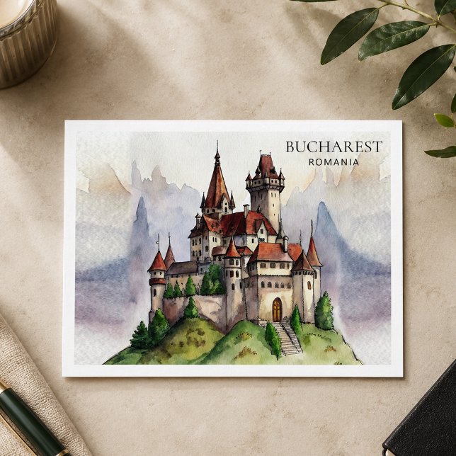 Bukarest Rumänien | Gamla Stan Vattenkonst Helg Vykort (Bucharest Romania | Old Town Watercolor Art Holiday Postcard)