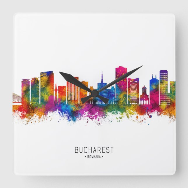 Bukarest Rumänien Skyline Fyrkantig Klocka (Framsida)