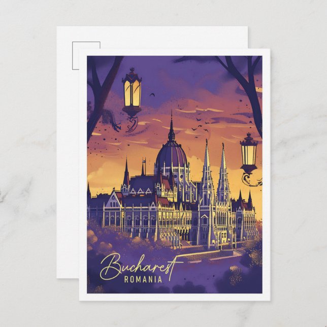 Bukarest Rumänien Vintage Art Travel Illustration Vykort (Fram/baksida)