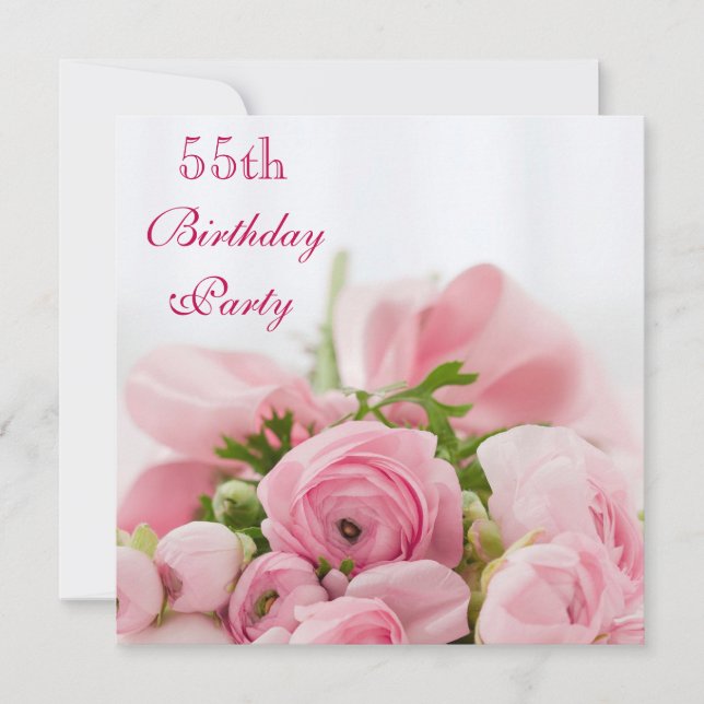 Bukett av den 55th födelsedagen för rosa ros inbjudningar (Framsida)