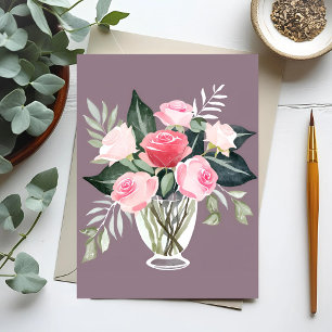 Bukett med rosa rosor   Blommig feminin akvarell Vykort