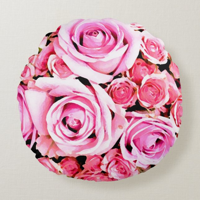Bukett med rosa rosor rund kudde (Framsidan)