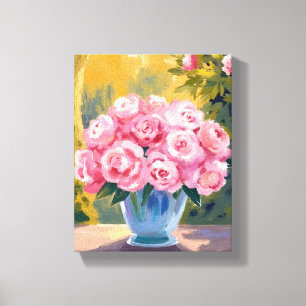 Bukett med rosa rosor Vattenfärg blommor i vas Canvastryck