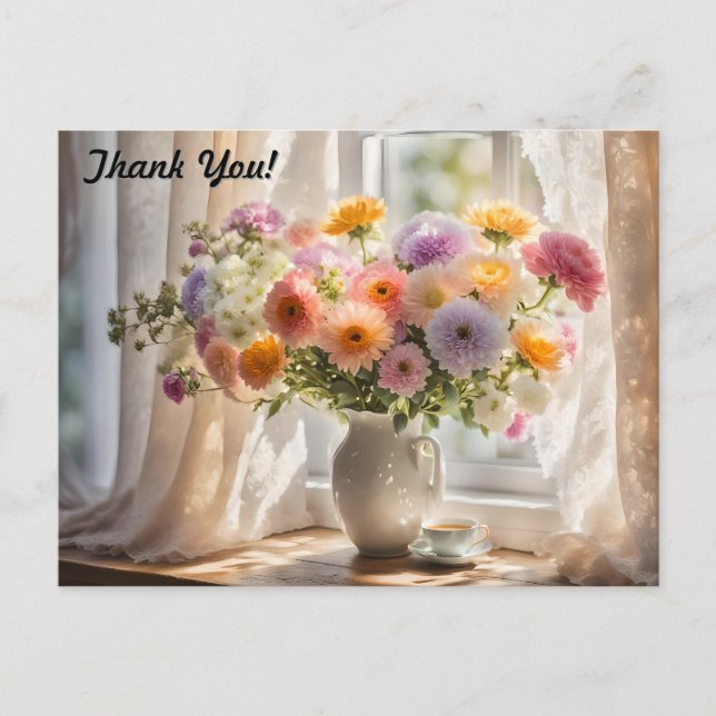 Bukett och tekopp på morgonen vykort (Framsida)