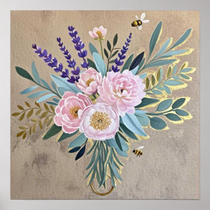 Bukett peonior lavendelblommor Rustik Poster